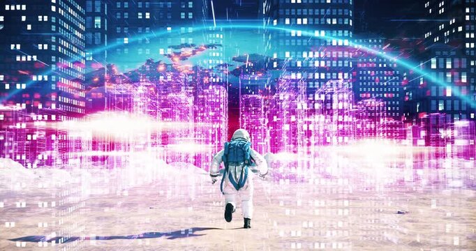Astronaut running inside holographic wireframe city future concept. New futuristic life on an alien planet concept.