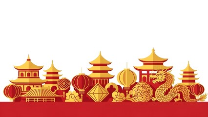 Chinese New Year illustration with pagodas, lanterns, and dragon in red and gold