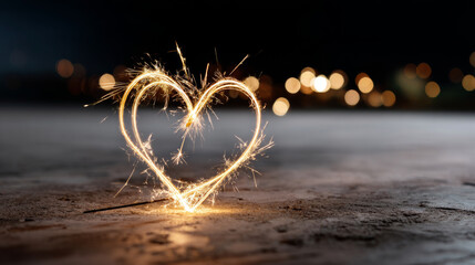 Glowing heart sparkler on concrete surface with bokeh lights in background, romantic night scene