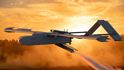 Launch of a long-range strike drone using a rocket booster.3D rendering.