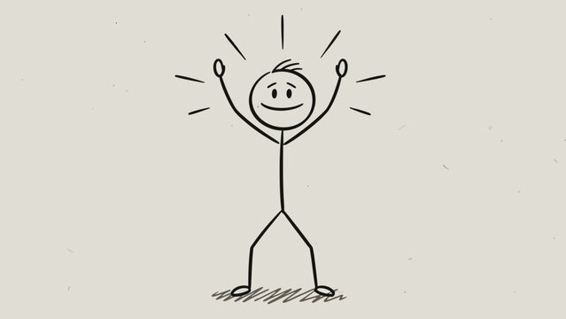 Stick Figure Man with Rays of Energy, Expressing Joy or Inspiration, on a Textured Light Grey Background
