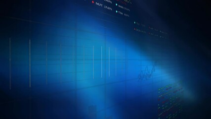 Animation of financial data processing and statistics over blue background - Powered by Adobe