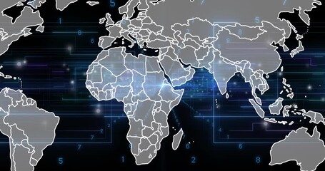 Animation of connections and data processing with world map over dark background - Powered by Adobe