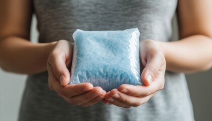 close up woman holding a blue cold compress for pain relief and home first‑aid care, illustrating comfort, recovery, and wellness, with clear copy space for medical or lifestyle messaging.