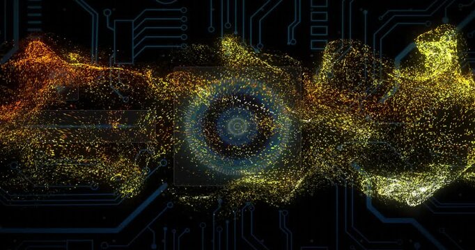 Animation of digital data processing and scope over circuit board and flames