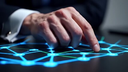Close up of a businessman's hand interacting with a glowing blue network interface on a dark surface with soft lighting highlighting the data connections and digital transformation concept - Powered by Adobe