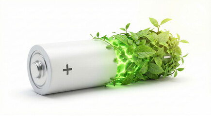 Battery bursting with green foliage symbolizing clean energy