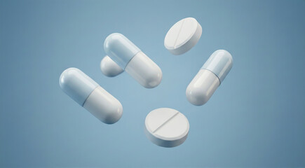 Blue and white capsules and pills floating