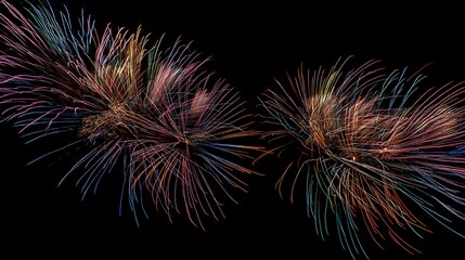 Colorful fireworks light up dark night sky, bringing joyful and festive atmosphere for people celebrating new year's eve with excitement and cheer.