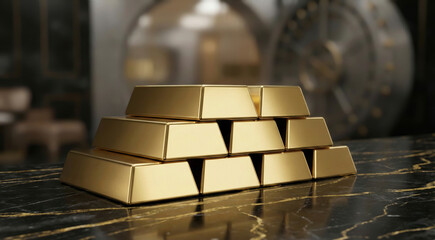 Gold bars stacked in front of a bank vault