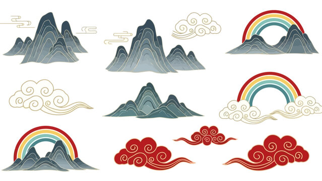 Set of traditional Asian landscape elements with stylized mountains, auspicious clouds, and colorful rainbows on a white background.