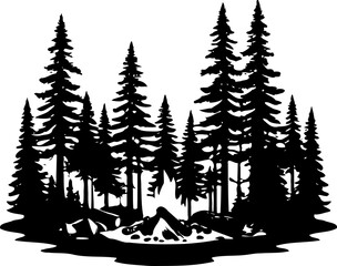 Fototapeta premium A black silhouette of a forest with pine trees and a campfire on transparent background