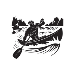 Extreme Whitewater Kayaking Athlete Rowing Through Rapid River Waves Mountains Vector Illustration. © shahariea