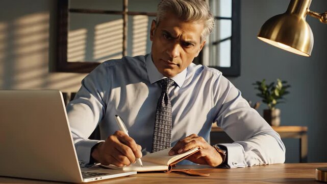 Man working on laptop and writing in notebook in a well lit office