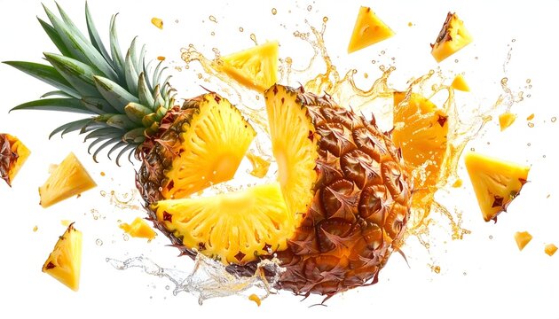 Bright pineapple slices exploding with juice against a clean white backdrop
