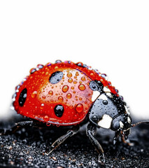 Obraz premium Closeup Of Red Ladybug On Wet Black Rock With Water Droplets Macro Shot