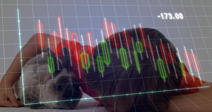 Boy petting rabbit while financial candlestick chart popping up tracking losses rebounding