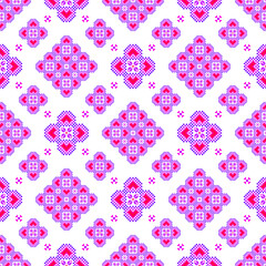 A vibrant traditional textile pattern featuring pixel-style geometric and floral motifs in purple, pink, red, and white, arranged symmetrically with decorative borders. Vector seamless pixel art motif