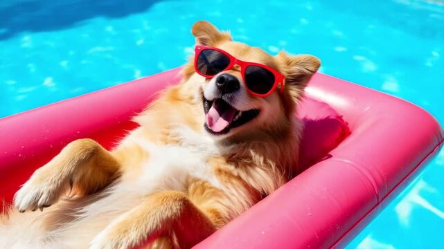 A happy golden retriever dog wearing red sunglasses relaxes on a pink float in a swimming pool. The water is bright blue.