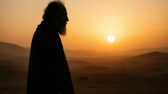 Silhouette of an elderly prophet with a long beard standing in the desert at sunset. An old man contemplates the vast landscape of sand dunes. Spirituality and solitude concept