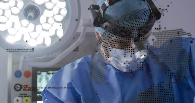 Surgeon pulling drape donning headlamp scanning X-rays with code overlay for precise surgery