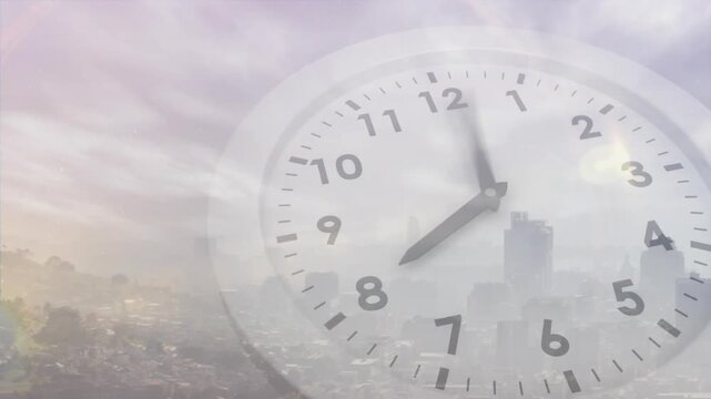Moon fading sun rising causing translucent clock rotating skyline shifting to dawn showing time