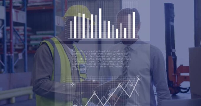 Worker with clipboard pointing at HUD while manager tapping device initiating charts for logistics