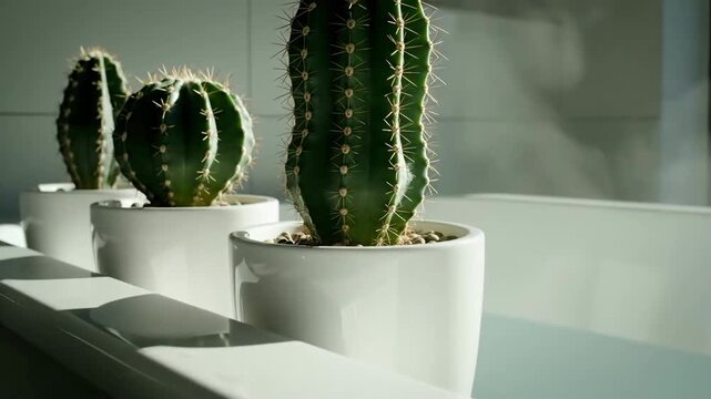 Cactus Plants In Minimalist White Pots With Sunlight Filtering Through Modern Interiors