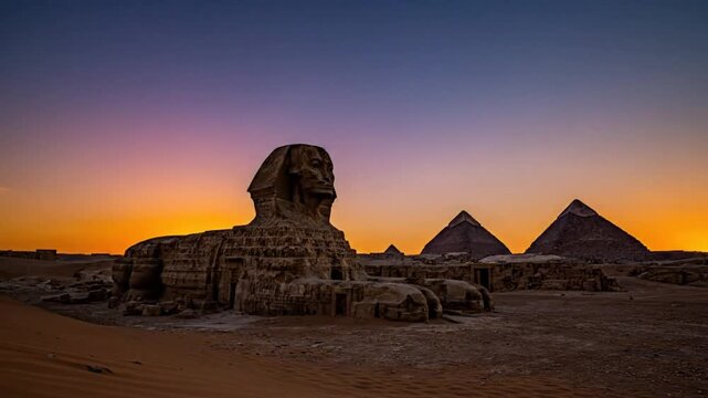 Time-lapse of the Great Sphinx and pyramids at sunset, transitioning to a starry night sky in Giza, Egypt