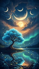 A surreal nighttime scene with a glowing blue tree reflecting in water under a full moon and crescent moons in the sky with clouds and aurora