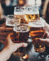 Celebratory cheers friends toasting drinks at a cozy pub gathering