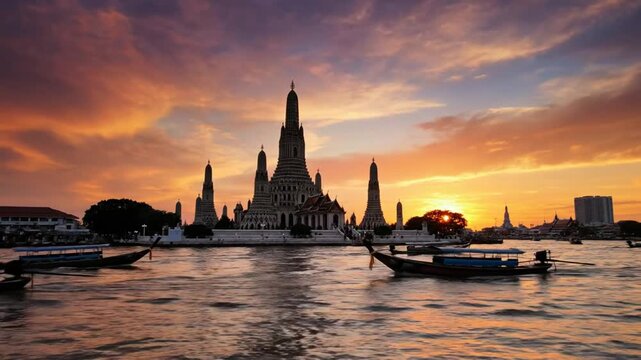 Stunning sunset view of Wat Arun temple and longtail boats on Chao Phraya River, Bangkok, Thailand