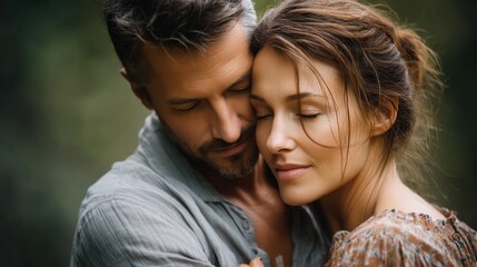 Fototapeta premium Two souls find comfort in each other's embrace, sharing a serene moment in nature. Their facial expressions reflect deep love and tranquility, creating an intimate atmosphere that speaks volumes