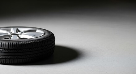 Flat car tire on garage floor with wide negative space for roadside assistance