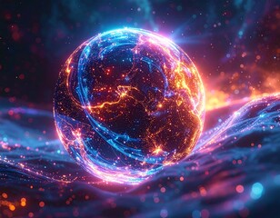 A glowing orb with blue and orange energy streams floats over a wavy surface, surrounded by bokeh
