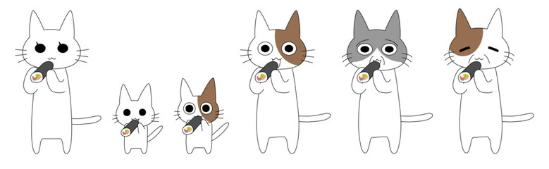 様々な表情や模様の猫たちが恵方巻を食べるイラストセット 節分