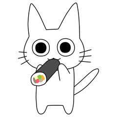 恵方巻を真剣に食べる白猫のイラスト 節分素材