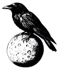 Obraz premium Hand drawn line art illustration of a raven depicting it perching on the moon for fantasy design