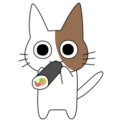 節分の恵方巻を丸かじりする可愛い茶ぶち猫のキャラクターイラスト