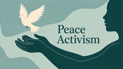 Peace Activism & Soaring Dove: A powerful illustration depicts the silhouette of a person releasing a dove into the sky, symbolizing peace and freedom in activism. The artwork expresses hope