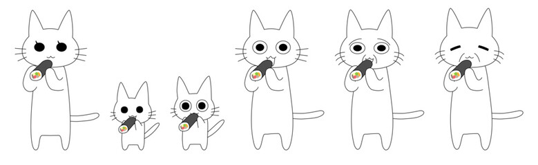 恵方巻を丸かじりする白猫の家族や仲間のイラストセット 節分
