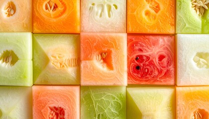 Overhead view squares of assorted, colorful melons, arranged like tiles