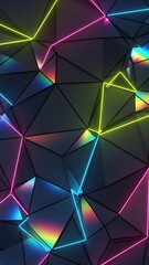 Neon lit geometric shapes colorful triangles abstract background with glowing lines and rainbow colors