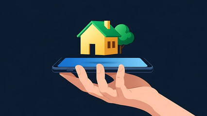  Hand Holding Smartphone with 3D House and Tree Icon for Eco-Friendly Residential Living and Home Insurance Concept