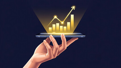 Hand Holding Smartphone with Glowing Golden Holographic Bar Chart and Upward Arrow for Stock Market Trading Concept