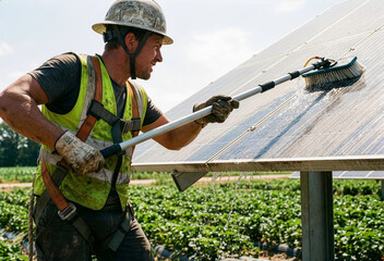 Gritty Documentary Photograph: Hardworking Solar Technician Actively Cleaning Agrivoltaic Panels with Water Brush on Farm.