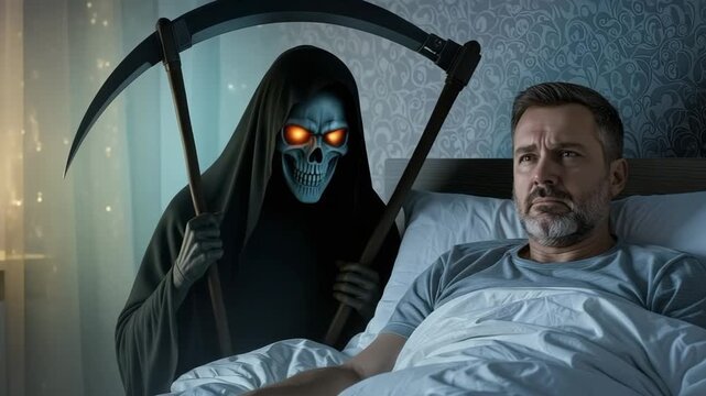 A scared man in bed is visited by the Grim Reaper. The terrifying figure of death with a scythe looms in a dark bedroom. Horror, nightmare, and fear of mortality concept