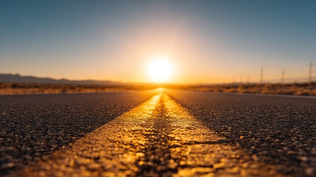 Empty road stretches toward horizon with bright sun setting ahead, symbolizing new beginnings and journey to success through vast uncharted landscapes from eye-level perspective