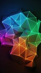 Colorful neon lit geometric shapes forming a pattern on a dark surface with vibrant lines