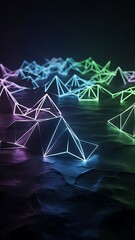 Colorful geometric shapes on dark surface with neon lights and reflections